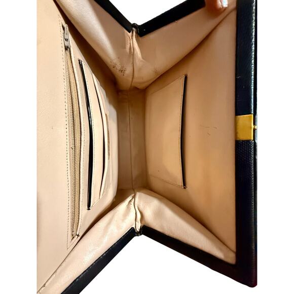 Vtg Crouch & Fitzgerald Black Reptile Leather Handbag with Brass Hardware - Picture 10 of 13